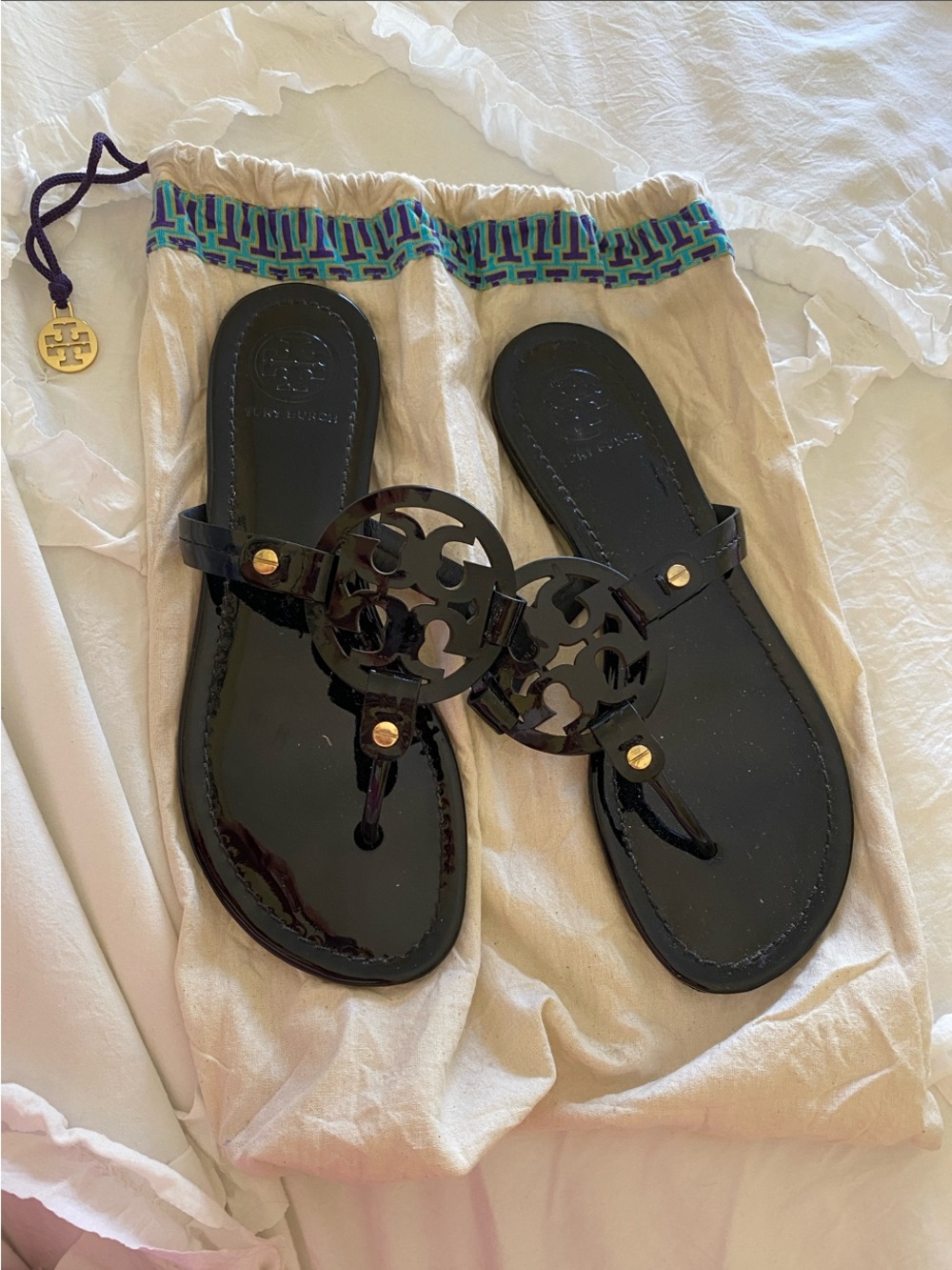 Tory Burch Black Patent Miller Logo Thong Sandals with Gold Studs